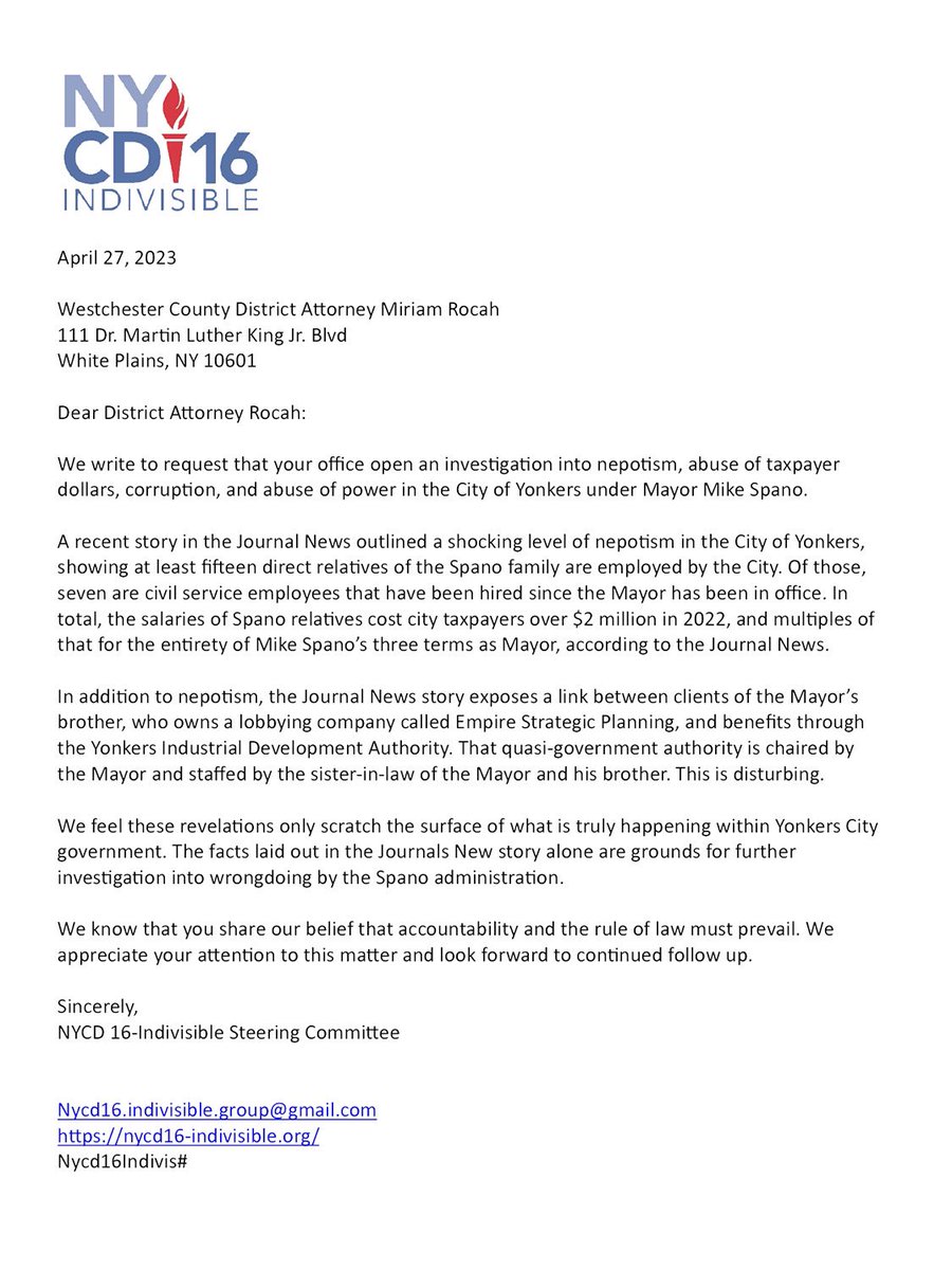 We are outraged by the press reports of nepotism under Mayor Mike Spano. The city should work for all Yonkers families, not just the families of the politically well-connected. We join @Nycd16Indivis in calling for an investigation into the Mayor’s management of city government.