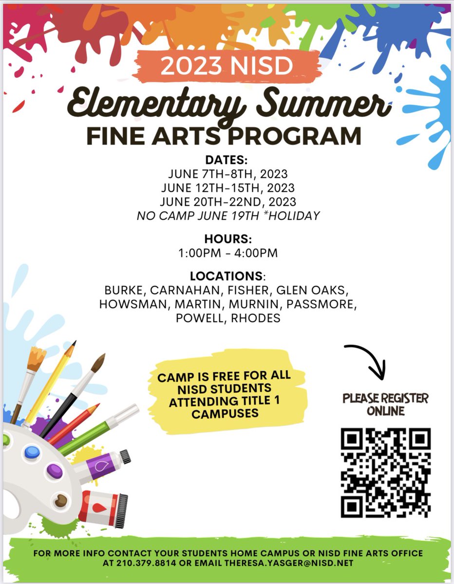 KrisLeeMart's tweet photo. Sign up for some fun this summer at Howsman’s summer art camp!!! @NISDHowsman https://t.co/7l2f56lFLB