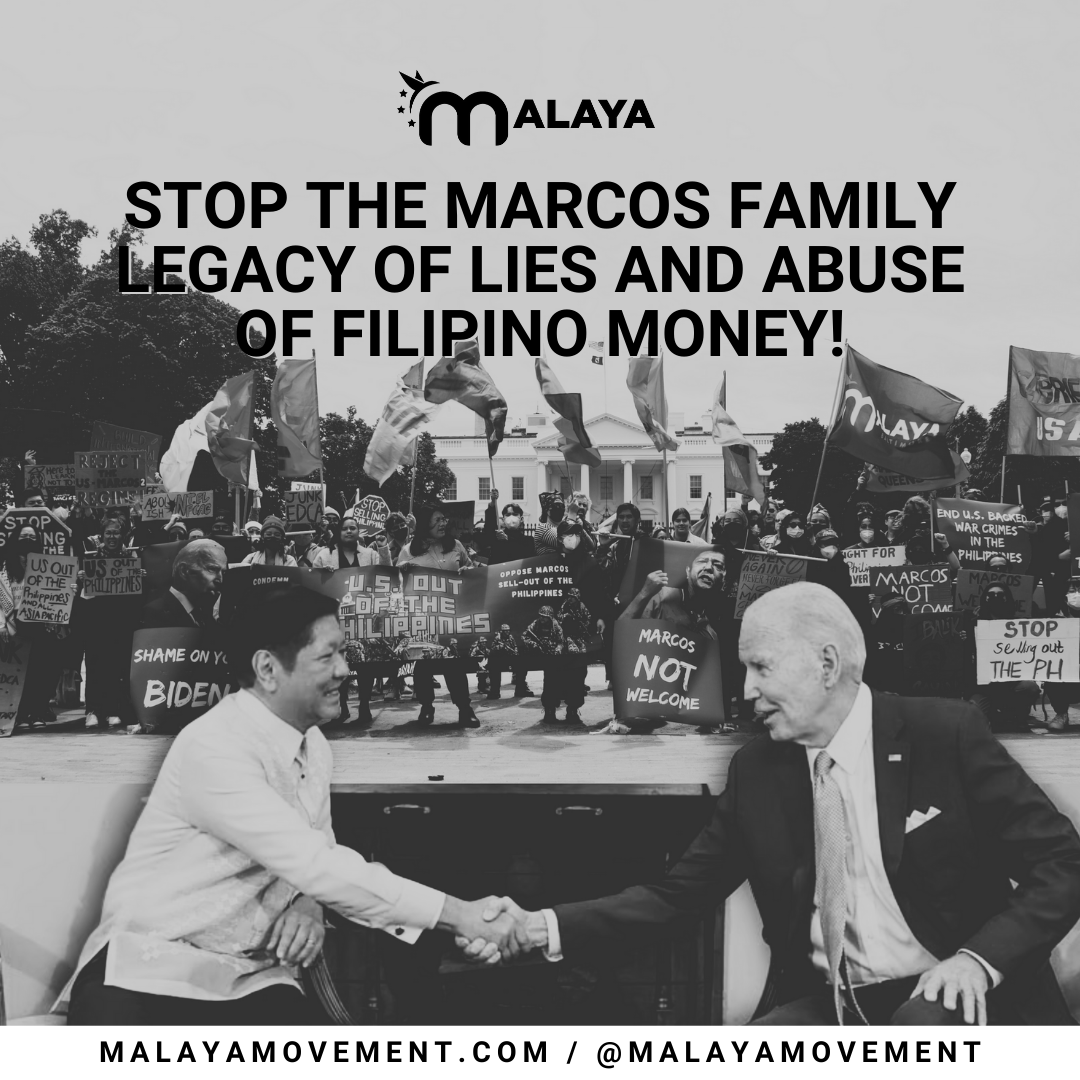 malaya_movement's tweet photo. 📢 STOP THE MARCOS FAMILY LEGACY OF LIES AND ABUSE OF FILIPINO MONEY! 📢
Malaya USA condemns Marcos Jr.’s state visit to the US, Pres. Biden’s hypocritical reception of him.
Read the full statement: https://t.co/NO3NjQ3ZkG
#marcosnotwelcome #marcosoutofdc #phnot4sale https://t.co/Lx46JBRn6z