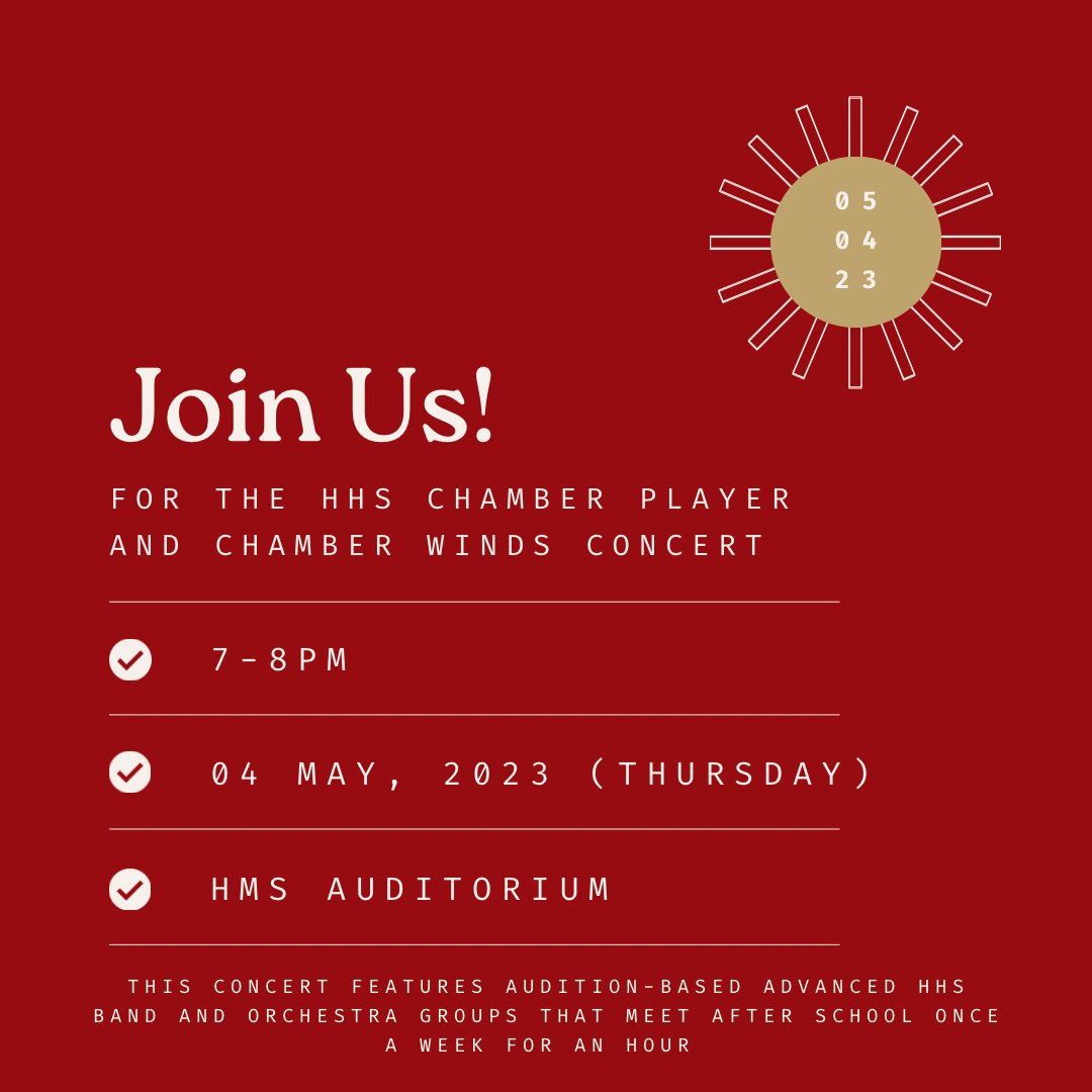 Come enjoy the HHS Chamber Winds/Chamber Players Concert this Thursday, May 4 at 7pm in the HMS Auditorium. This concert will feature some group pieces, as well as trios, quartets, and other chamber style performances.  <a href="/rswansonhingham/">Rick Swanson</a> <a href="/MAdamsSupt/">Dr. Margaret Adams</a>