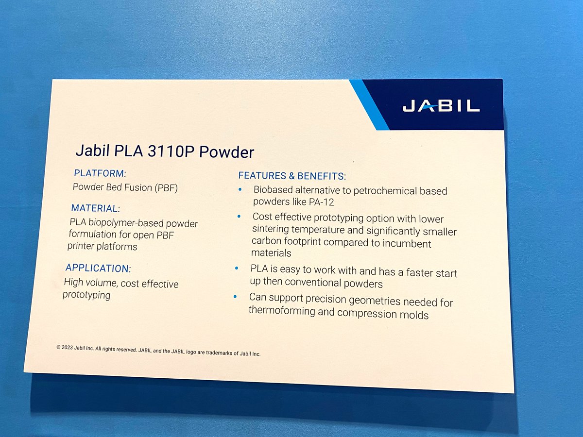 natureworks's tweet photo. #RapidTCT2023 has been great so far! If you're looking for a #biobased AND cost-effective prototyping option for #3Dprinting with lower sintering temp &amp; smaller carbon footprint, we have just the thing - @Jabil's PLA 3110P Powder. https://t.co/WnH79yiABk @RAPID_Event #Ingeo #PLA https://t.co/W858KE7sfW