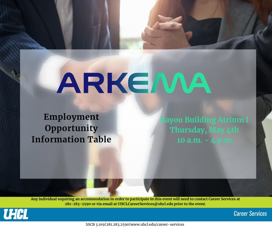 Hey Hawks, ARKEMA will be on campus tomorrow from 10 am to 4 pm in the Bayou Building to discuss potential career opportunities with their company! 💼💻🏢
.
.
.
#HireAHawk #TableSession #ARKEMA #CareerOpportunity #Careers