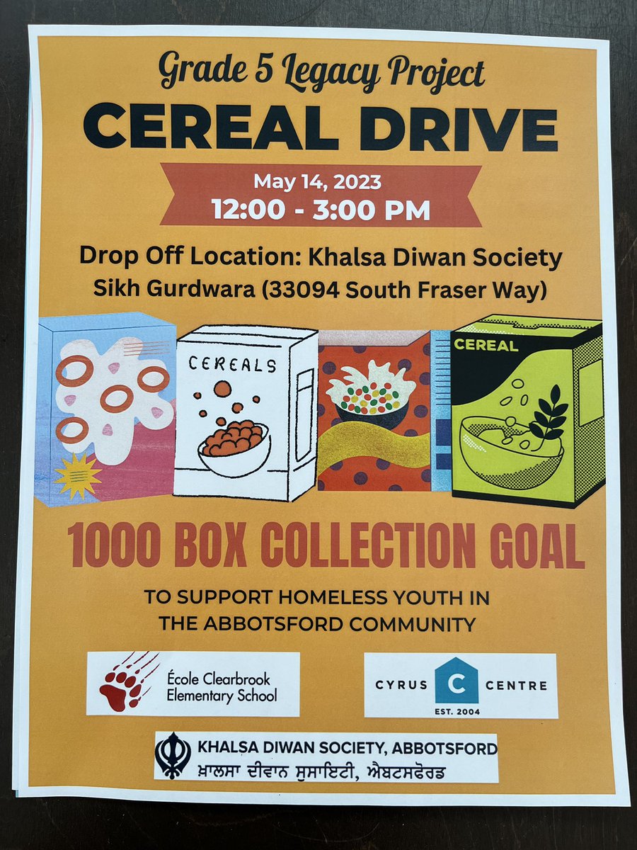 So proud of our Grade 5 students <a href="/clearbrookcubs/">École Clearbrook Elementary</a> for taking the initiative to help homeless youth <a href="/City_Abbotsford/">City of Abbotsford</a> by partnering with  <a href="/cyruscentre_/">Cyrus Centre</a> and the Khalsa Diwan Society to put on a Cereal Drive! The goal is to raise 1000 boxes! <a href="/AbbotsfordSD/">Abbotsford Schools</a> <a href="/AbbyNews/">Abbotsford News</a>