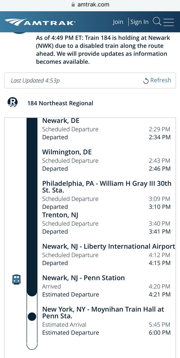 Lee_Emmert's tweet photo. @AmtrakNECAlerts Amtrak website now showing 184’s arrival into NYP as 5:45 https://t.co/2IcbNrMBnb