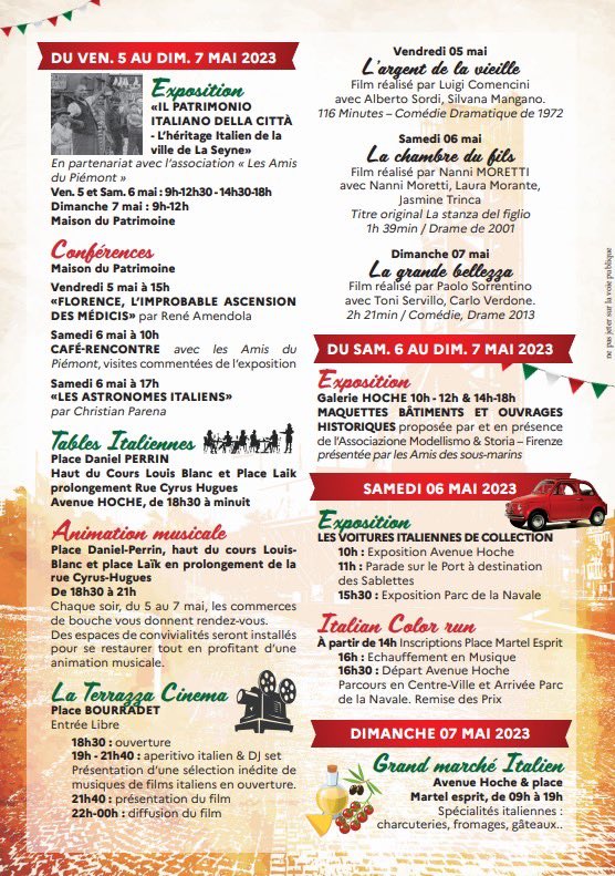 NBicais's tweet photo. Je suis ravie de vous convier à la 2ème édition des #JournéesItaliennes.
1 Seynois sur 4 ayant des origines italiennes, il est important pour nous de raconter l’histoire qui lie nos 2 pays.
Du 05 au 07 Mai, retrouvez de nombreuses animations aux couleurs de l'#Italie à #LaSeyne ! https://t.co/usFGaYlYOn
