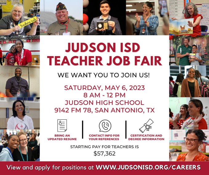 Judson ISD Teacher Job Fair|#San Antonio, TX| 05/06/2023 | 08:00 AM-12:00 PM |

See flyer, register <a href="/JudsonISD/">Judson ISD 🍎</a>

#JobFair #Onsite #Jobseekers