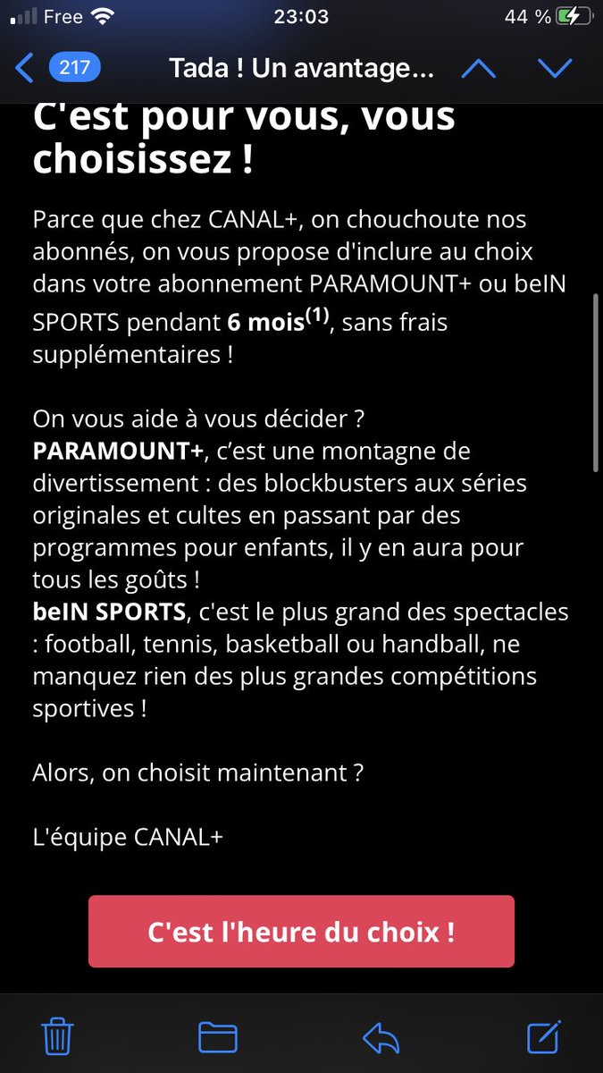 uridesm's tweet photo. @canalplus bonjour, j’ai reçu une offre par mail m’indiquant que je pouvais bénéficier de 6 mois de Paramount+ avec mon offre actuelle mais je n’arrive pas à l’activer. Pourriez-vous m’aider s’il vous plaît? https://t.co/3gYeuAGITB