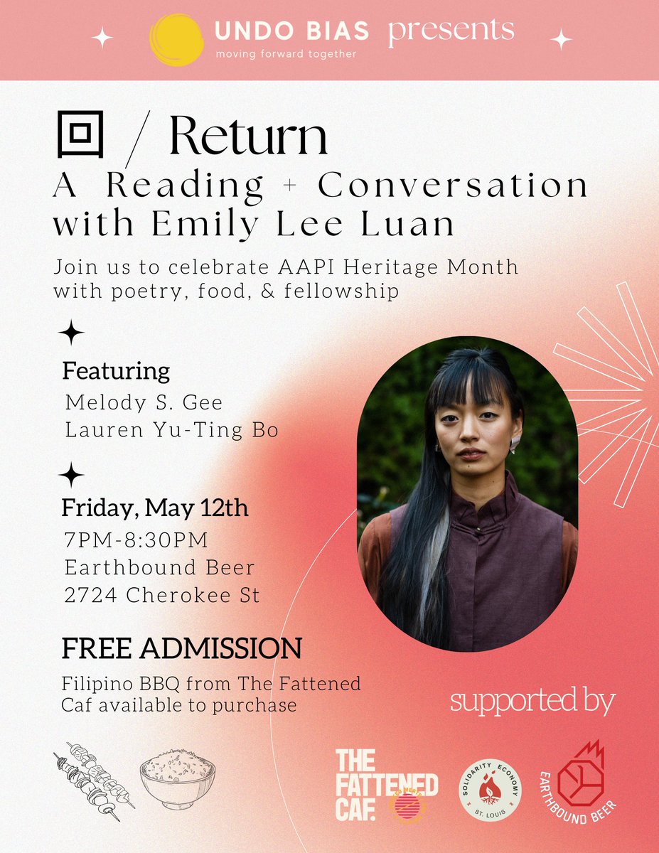Melody S. Gee (@melody_s_gee) on Twitter photo Friends in #stl, next Friday, May 12, at 7:00 p.m., I'm reading with Lauren Yu-Ting Bo and Emily Lee Luan as we celebrate the release of <a href="/_emilyluan/">Emily Lee Luan</a>'s luminous poetry collection, 回 / RETURN.
Gratitude to @Zenique_GP, @EarthboundBeer, @solidaritystl, and <a href="/TheFattenedCaf/">TheFattenedCaf.</a>! Friends in #stl, next Friday, May 12, at 7:00 p.m., I'm reading with Lauren Yu-Ting Bo and Emily Lee Luan as we celebrate the release of <a href="/_emilyluan/">Emily Lee Luan</a>'s luminous poetry collection, 回 / RETURN.
Gratitude to @Zenique_GP, @EarthboundBeer, @solidaritystl, and <a href="/TheFattenedCaf/">TheFattenedCaf.</a>!