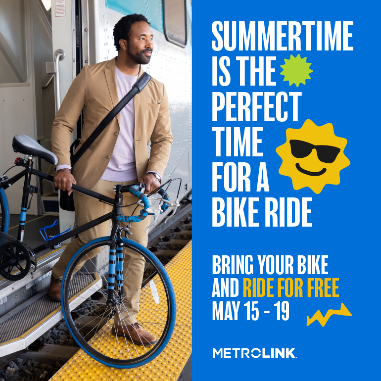 Metrolink's tweet image. Strap on your helmets and get pedaling – Metrolink is giving FREE RIDES to all riders who bring their bicycles on board during #BikeToWorkWeek, May 15-19! 🚲☀️😎

Learn More: metrol.ink/3HpT4rB