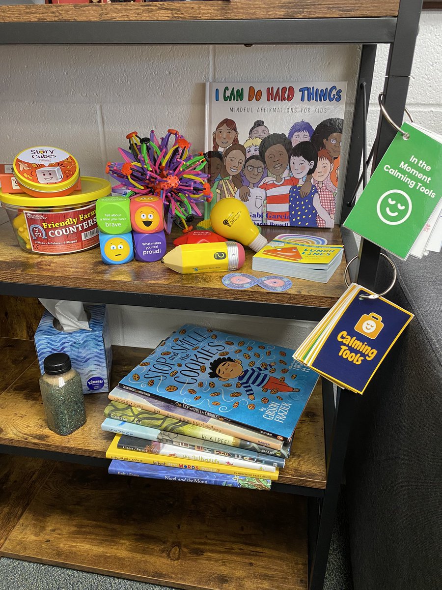 I’ve been building a SEL space in my office to support emotional regulation. Must haves ➡️ picture books, Hoberman Sphere, stress balls, calming technique cards, breathing tools, convo starters & calming glitter bottles! #momsasprincipals #PrincipalOfficeHours #Pitzer2a #Pitzer2e