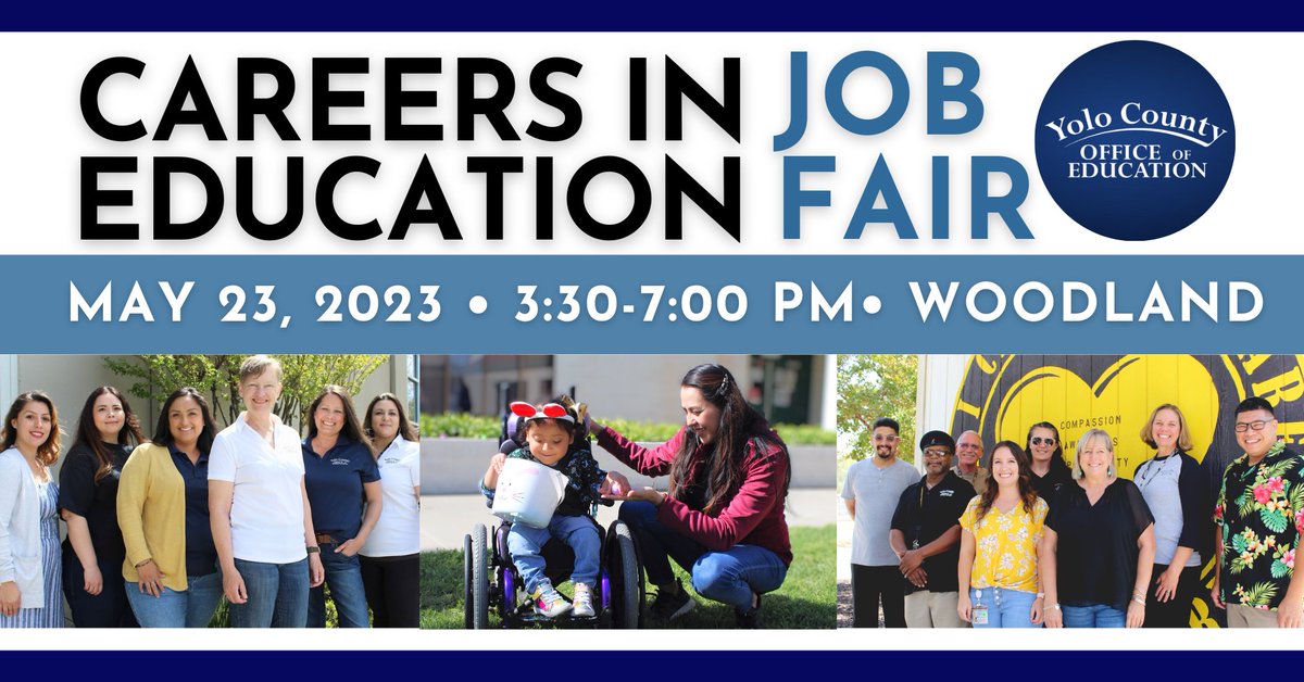 YCOE Career in Education Job Fair|#Woodland, CA | 05/23/2023 | 03:30 PM - 7:00 PM|

See flyer, register <a href="/YoloCOE/">Yolo County Office of Education</a>

#JobFair #Onsite #Jobseekers