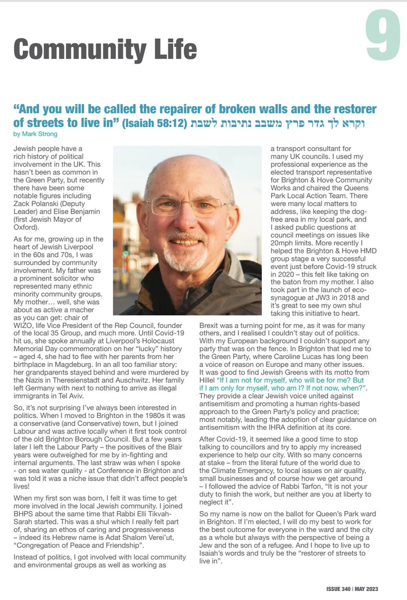 So pleased to write this ⬇️ in #SussexJewishNews explaining why I'm standing for <a href="/BHGreens/">Brighton & Hove Green Party</a> in the local election tomorrow. My beliefs are rooted in the #Jewish tradition of #TikkunOlam. Also, as the son of a refugee from Nazi Germany I will continue to oppose #Antisemitism.