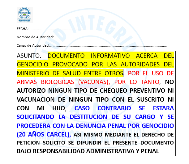 Paz24450355's tweet photo. @camones_jimmy @DiarioElSol @CuscoEnPortada @cuscopost @UPeUJuliaca @juliaca @RadioYaravi @aqp_informado @AqpInforma @Cutervo @LosLibres1 El Ing Jimmy A. Camones Obregon (Sec Tec de la Asoc "SI VAMOS") presenta el DOC (CRACK-29) para que nadie te obligue  al CHEQUEO OBLIGATORIO.

Ahora quieren asegurar tu MUERTE bajo pretexto de chequeo preventivo, no caigas en la TRAMPA:
https://t.co/3KacpPXIwq https://t.co/ONdJif6Ylg