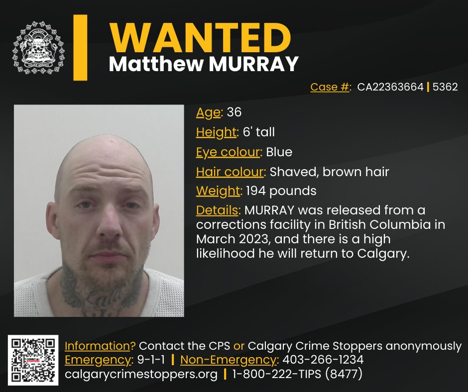 CalgaryPolice's tweet image. We are asking for public assistance to locate a man wanted on 11 outstanding warrants.

Investigators are searching for 36-year-old Matthew MURRAY. He was released from a corrections facility in British Columbia in March 2023, and there is a high likelihood he will return to…