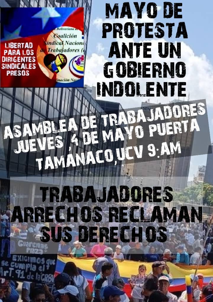 coalicionsind's tweet photo. #3Mayo #03Mayo Todos a Protestar desde La Puerta Tamanaco de la #UCV, 10:00AM Docentes, Jubilados, Pensionados, Universitarios, Sector Público y Sector Salud. Indignados contra el Gobierno y Fedecamaras por casi eliminar El Salario. Calle y Lucha. https://t.co/YVdYCgh7oP
