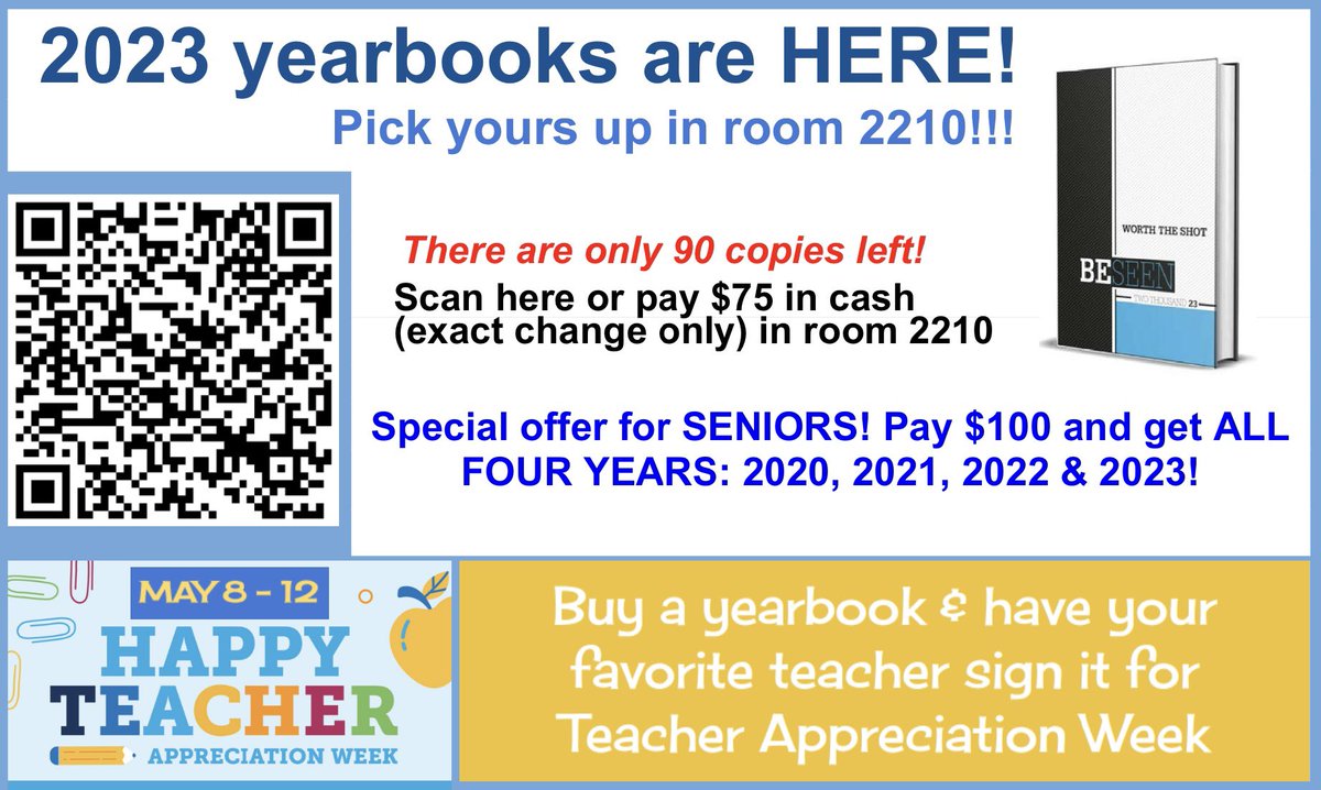 If you ordered a yearbook, come &amp; pick it up in 2210! If you haven’t purchased one yet, we still have copies left! Get yours today so your friends &amp; favorite teachers can sign it. Stop by room 2210 to pay $75 cash, click the link in bio or scan the QR code. 📖🖊️