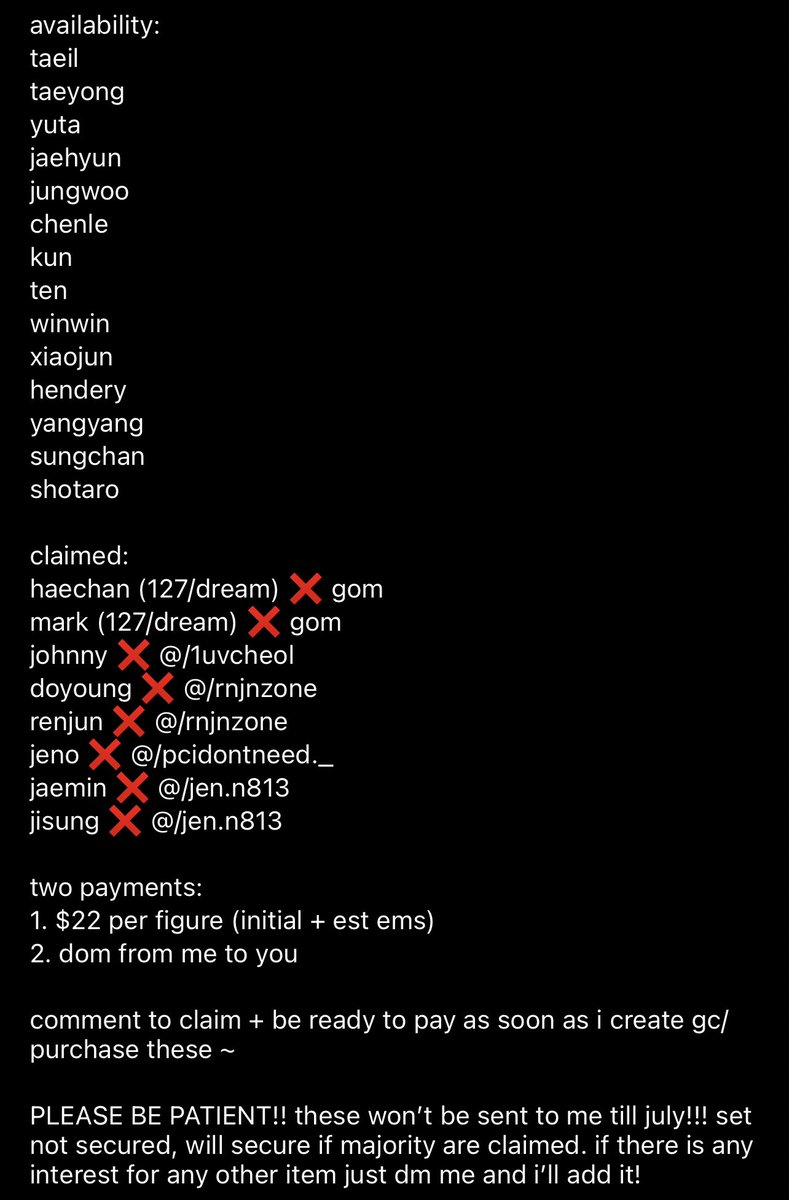 encitymoonsales's tweet photo. usa nct ccomaz figures go 

1st pmt: $22 
2nd pmt: dom

please read full info in pics 

full post on encitymoonsales on insta

dm/reply to claim! 

availability:
taeil, taeyong, yuta, jaehyun, jungwoo, chenle, kun, ten, winwin, xiaojun, hendery, yangyang, sungchan, shotaro https://t.co/Le0cHoWON2