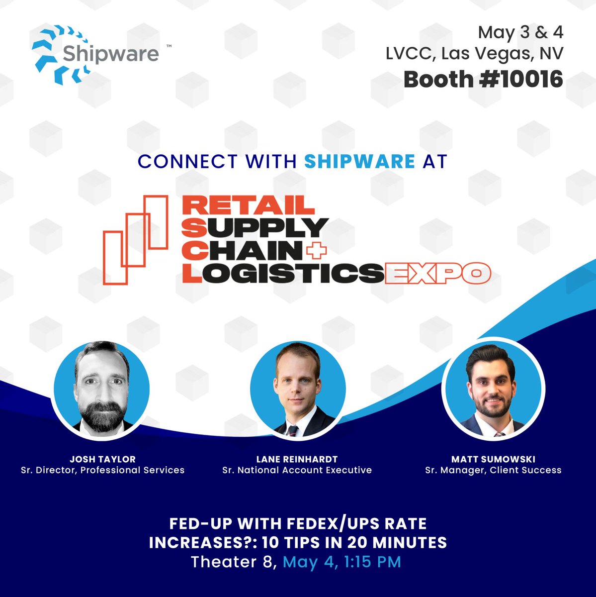 Shipware's tweet image. In Vegas for the Retail Supply Chain &amp;amp; Logistics Expo?

Drop in on the Shipware team of Joshua Taylor, Matthew E. Sumowski, and Lane Reinhardt at Booth 10016 to gab about lowering those shipping costs and everything/anything logistics.

#RetailSCLLV