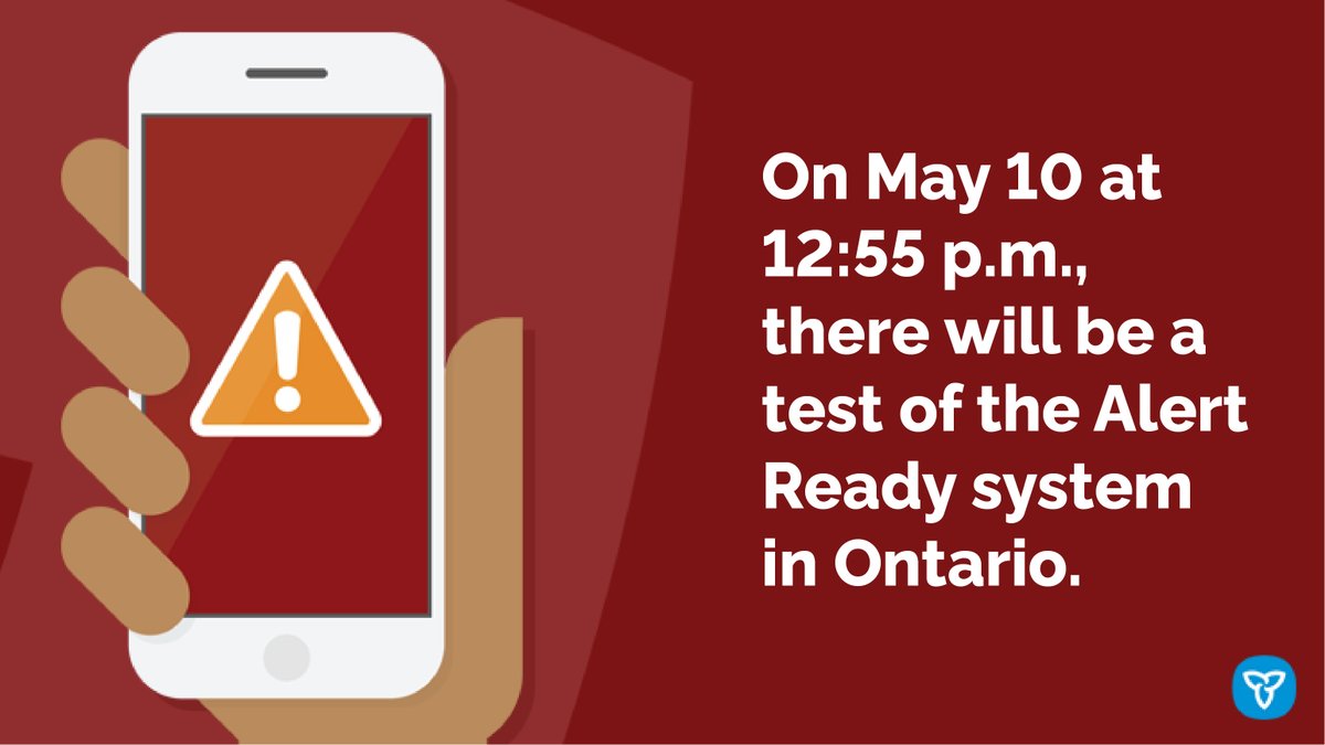 Ontario Warnings (@ontariowarnings) on Twitter photo On May 10, there will be a routine test of the
<a href="/AlertReady/">Alert Ready</a> emergency alerting system. The test message will be distributed over TV, radio and compatible wireless devices and will occur at 12:55 p.m. EDT.
Visit alertready.ca for more information.
#PreparedON On May 10, there will be a routine test of the
<a href="/AlertReady/">Alert Ready</a> emergency alerting system. The test message will be distributed over TV, radio and compatible wireless devices and will occur at 12:55 p.m. EDT.
Visit alertready.ca for more information.
#PreparedON