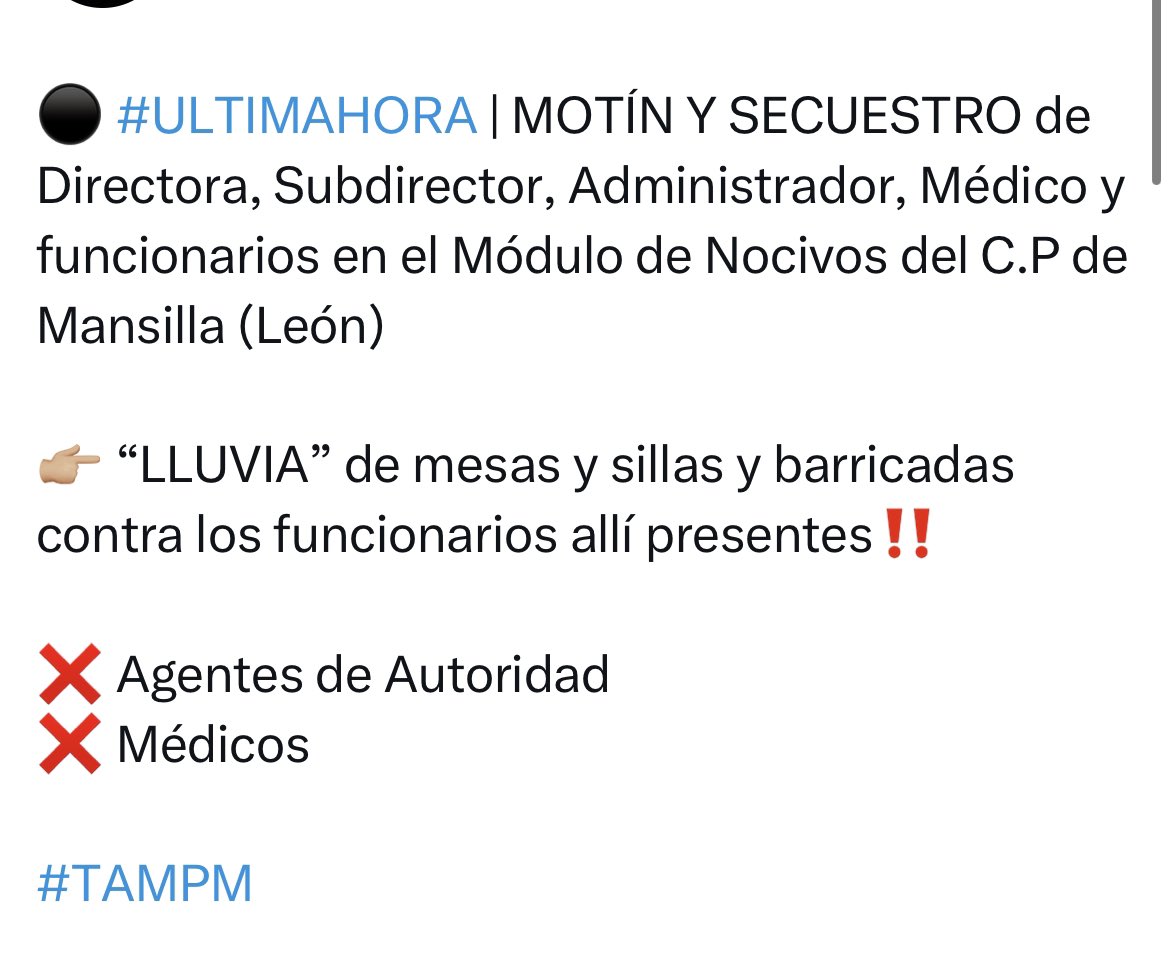 🆘Hace años q los centros penitenciarios son una república bananera donde agreden impunemente a funcionarios #SOSprisiones y se victimiza a delincuentes. Estos hechos GRAVÍSIMOS deben tener consecuencias inmediatas.

🔴Hay actuar de forma contundente y urgente. Basta de buenismos