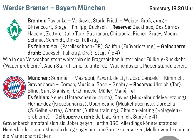 Bremen vs Bayern | Predicted lineups [<a href="/kicker/">kicker</a>]