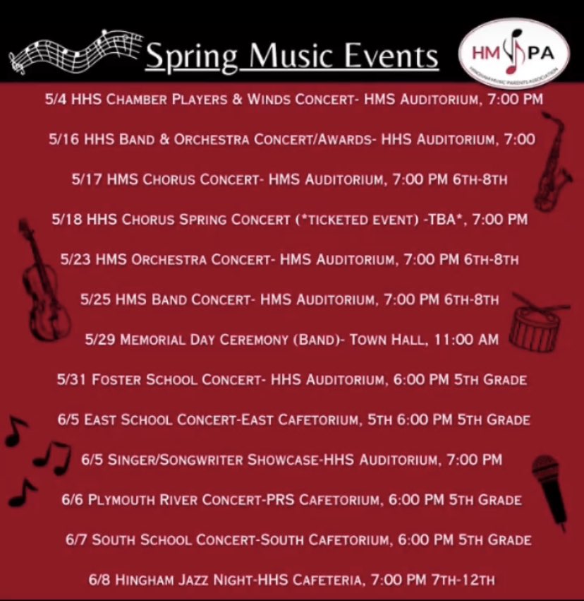 Lots of music events coming up within the next month.  Save the dates! Thanks <a href="/HMPAnotes/">HMPA</a> for the graphic and for promoting our events. *Note: the HHS Chorus on 5/18 will be at the House of Prayer Lutheran Church. <a href="/MAdamsSupt/">Dr. Margaret Adams</a> <a href="/rswansonhingham/">Rick Swanson</a> <a href="/HinghamSchools/">Hingham Public Schools</a>