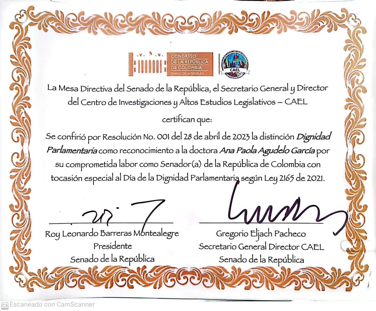 AnaPaolaAgudelo's tweet photo. Gracias a Dios, a mis compañeros de bancada y a todos los colombianos por la distinción “Dignidad Parlamentaria” que me otorga @SENADOCAEL. Es un honor que ratifica nuestro compromiso desde el @PartidoMIRA para seguir trabajando por el bienestar de nuestro hermoso país. https://t.co/tbep8vLaRx