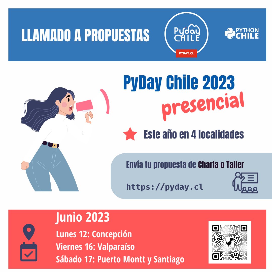 📢¡Atención comunidad!
Se abre la convocatoria de propuestas para el #PyDayChile 2023.🇨🇱🐍

Estaremos en 4 localidades de manera presencial en Junio.🚀✨

Si tienes algún tema que quieras compartir, ¡esta es tu oportunidad!

¡Envía tu propuesta👇
sessionize.com/pyday-chile-20…

#Python