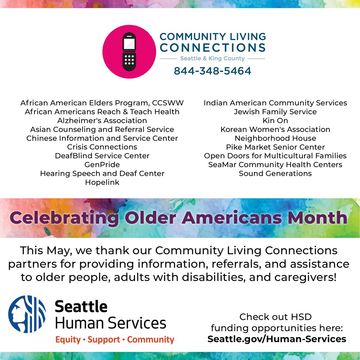 Seattle Human Services (@seattlehsd) on Twitter photo We’re proud of our <a href="/AgingKingCounty/">Aging King County</a> division & the Community Living Connections network. Call toll-free 844-348-5464 for answers on aging, disability & caregiving. Calls, consultations, referrals & most services are available free of charge. #OAM2023 communitylivingconnections.org We’re proud of our <a href="/AgingKingCounty/">Aging King County</a> division & the Community Living Connections network. Call toll-free 844-348-5464 for answers on aging, disability & caregiving. Calls, consultations, referrals & most services are available free of charge. #OAM2023 communitylivingconnections.org