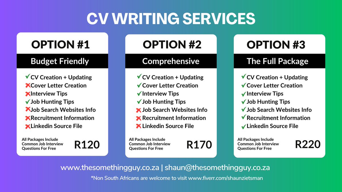 somethingguyza's tweet photo. π Boost your career with @thesomethingguy's affordable CV Writing Services! Visit https://t.co/J1YViQg5LK or email shaun@thesomethingguy.co.za to get started. #thesomethingguy #CVcreation #southafrica https://t.co/gqWQ9M6GYj