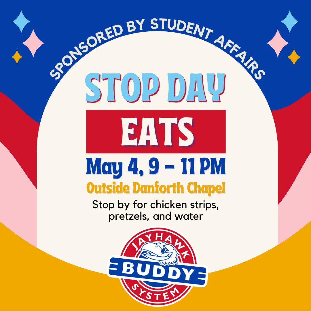 Join us tommorow, May 4th, for Stop Day Eats! Student Affairs is partnering with KU Dining and HERO to bring you warm chicken strips, pretzels and water from 9-11pm. Stop by outside of Danforth Chapel tommorrow to get some free food! 🥨