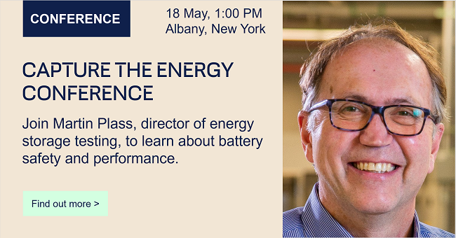 DNVEnergySystem's tweet photo. Hear from DNV's Martin Plass at the upcoming 2023 @NYBatteryEnergyย Capture the Energy Conference as he talks #batterysafety and testing on Thursday, May 18th. https://t.co/xlXTmHlqq5 #energystorage #storagetesting https://t.co/I4Vw1yV9zU
