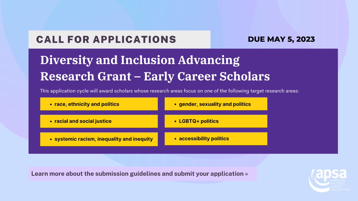 Due Friday! Early-career #polisci scholars are encouraged to apply for the APSA D&amp;I Advancing Research Grant! The grant will award scholars whose work focuses on one of the following target #research areas. Grants range between $2000 – $2500. Apply now!
politicalsciencenow.com/call-for-appli…