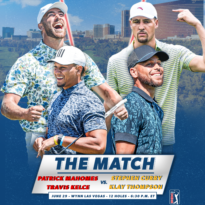 PGATOUR's tweet photo. 🏈 @PatrickMahomes &amp; @TKelce

🏀 @StephenCurry30 &amp; @KlayThompson

The Match is back on June 29.