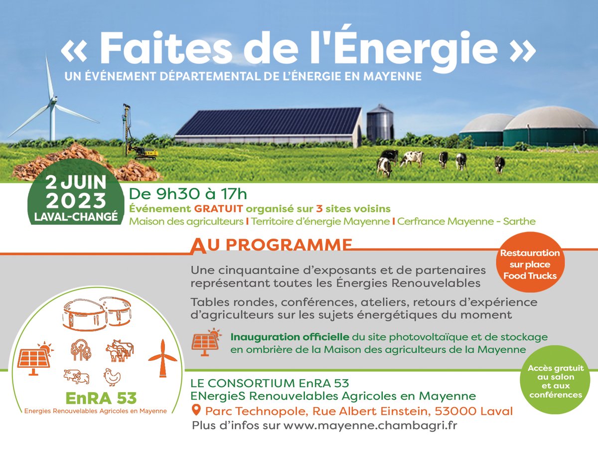 ChambagriPdL's tweet photo. Pour tout savoir sur les #énergies renouvelables en @lamayenne, RDV le 02/06 à la Maison des agriculteurs pour la "Faites de l'énergie" ! Tables rondes, conférences, ateliers et témoignages sont au programme ! 👉 https://t.co/O5vzhyYTJV https://t.co/spOqFSwxlT
