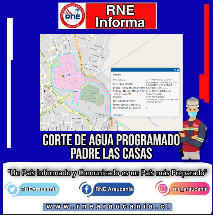 RNEAraucania's tweet image. #RNEInforma | @aguasaraucania  informa que este jueves 04/05 realizará #CorteProgramado en un sector de #PadreLasCasas a contar de las 15hrs a 22hrs, que comprende las calles HUICHAHUE, CORVALAN, LOS MOLUCHES, Y EL COIGUE.

#PreparatePiensaActúa
#TodosSomosRne
#Araucanía
