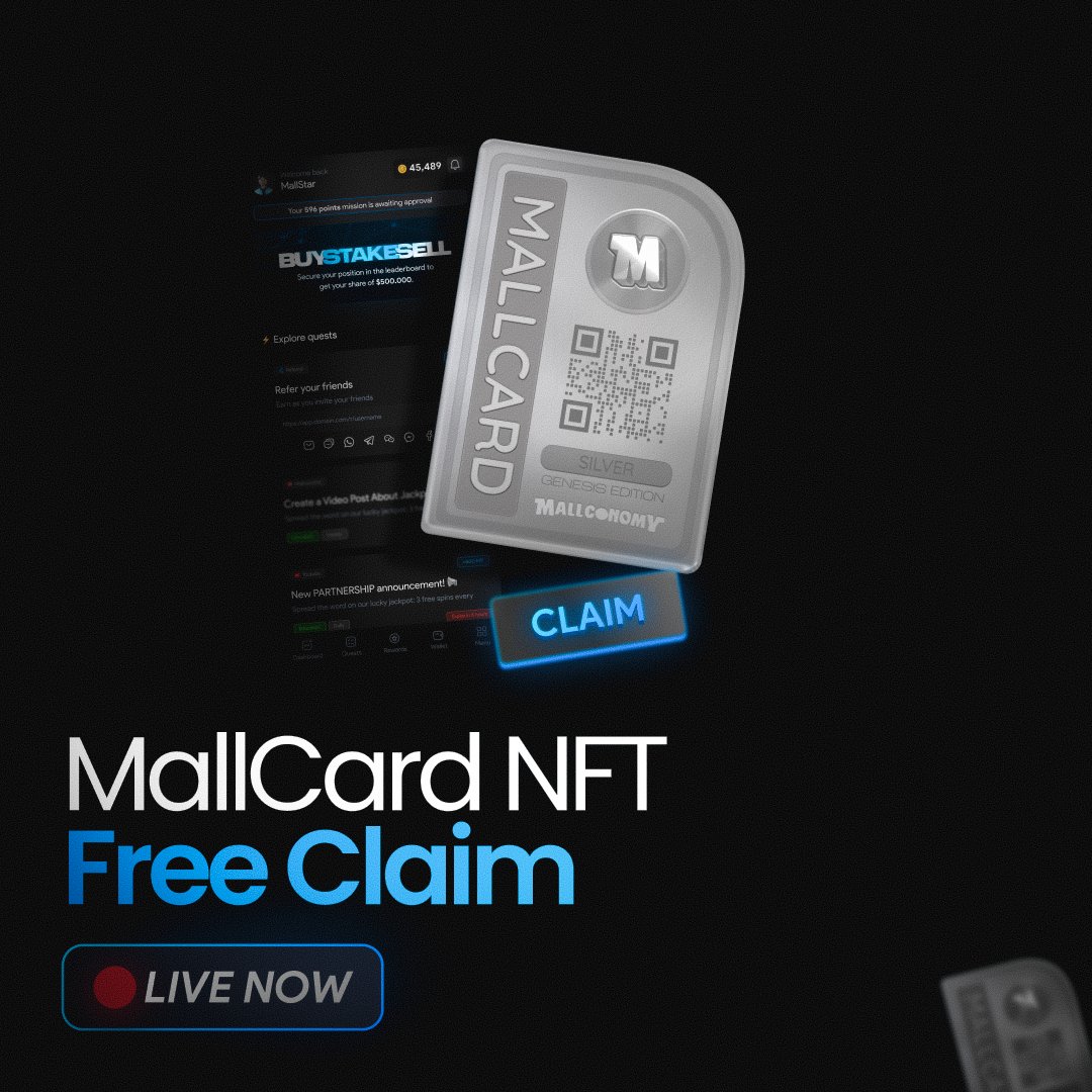 The wait is OVER! 🤩 

The FREE CLAIM of #MallCard NFTs is LIVE NOW 🥳

Don't miss out on this chance to get some amazing deals at Mallconomy 👇
mint.mallconomy.com 

Gas fees for minting MallCards? Don't sweat it. $WOOT tokens will be airdropped to holders post-TGE! 🚀