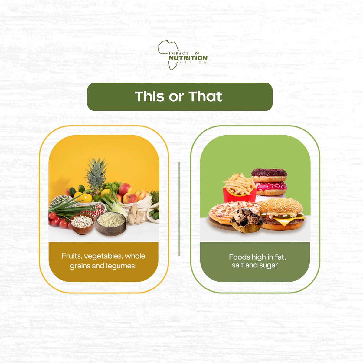 ImpactNutAfrika's tweet photo. Hey there food lovers!💡😊🥰

You should know that..

When it comes to your food choices, you're absolutely accountable! 💯

So, which do think is healthier??🤷🏻‍♀️

Well, according to the WHO, healthy diets are rich in fibre, fruit, vegetables, lentils, beans, nuts, and wholegrains. https://t.co/GiyoDmSsk3