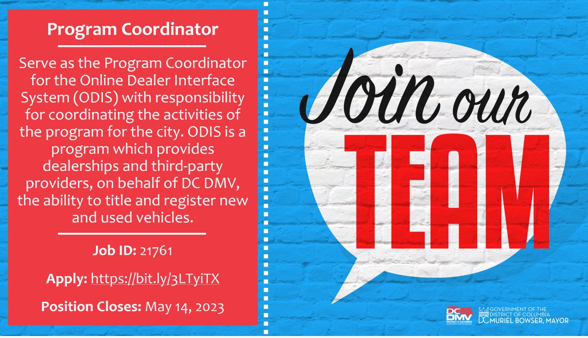 dcdmv's tweet photo. #DCisHiring and so is #TeamDMV! π
πΌ Job Title: Program Coordinator
β° Position Closes: May 14, 2023
π More information: https://t.co/MkrU8gYRec
#DCDMVJobs #DCisOpen #JoinOurTeam https://t.co/bCaq1fL5DW