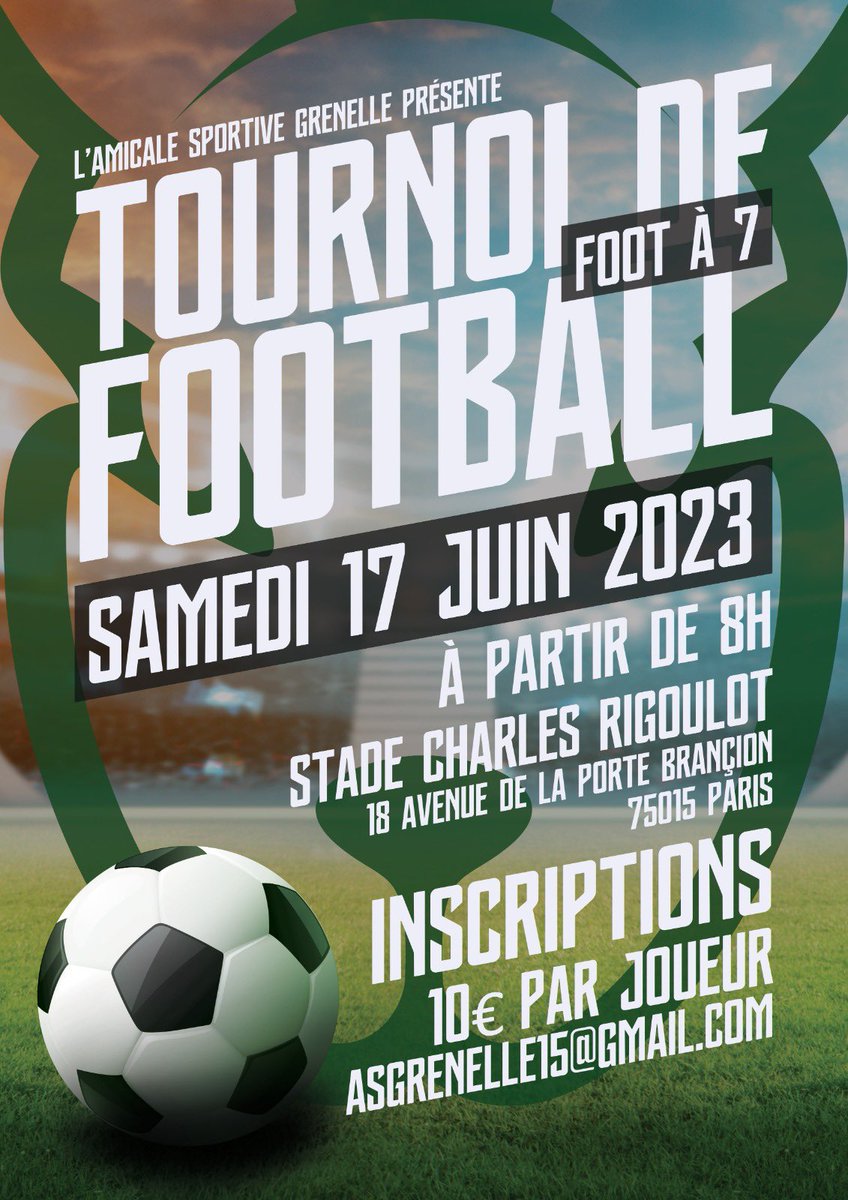 Le Tournoi de l'AS Grenelle revient !

📔 le 17 Juin 2023
⚽️ Foot à 7
📍 Stade Rigoulot - 75015 PARIS
🖊️ Inscriptions des équipes ouvertes !
💲 10€ par participant 

Alors n'attends plus et inscris ton équipe dès maintenant ! ⚽️ 🍻 🥇

 Contact : asgrenelle15@gmail.com