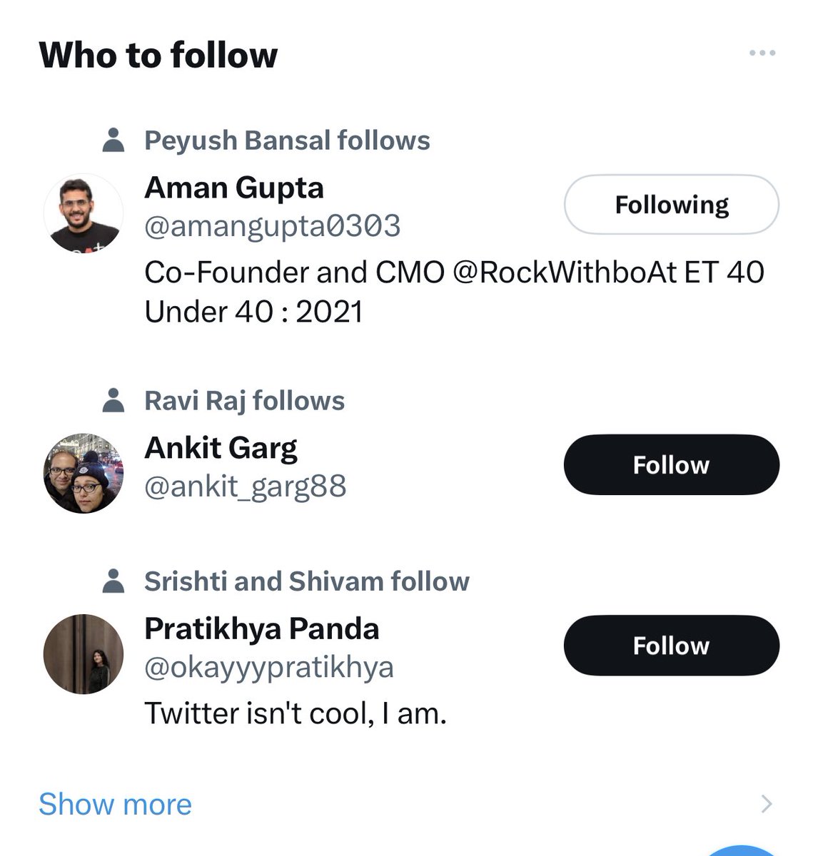 amitsinghal's tweet photo. ⁦@elonmusk⁩ “who to follow” widget is showing people who I am already following. Wading some real estate. I hope this is already reported bug. https://t.co/LtTsFptKAX