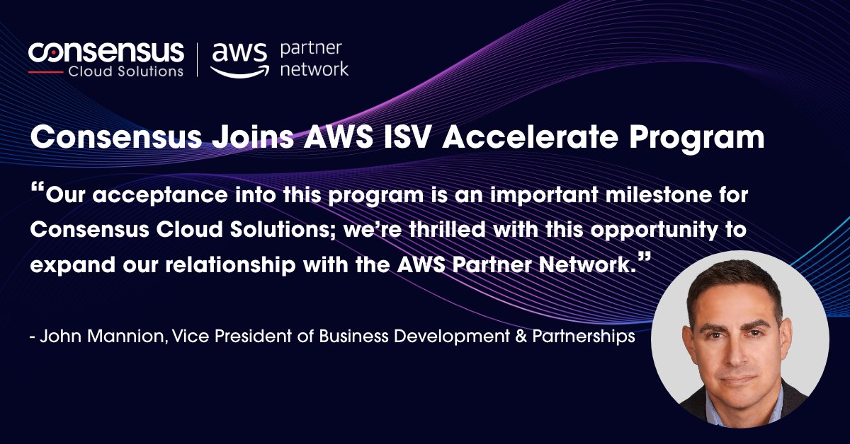 .<a href="/ConsensusCS/">Consensus Cloud Solutions</a> has joined the Amazon Web Services (AWS) Independent Software Vendor (ISV) Accelerate Program! As part of the <a href="/AWS_Partners/">AWS Partner Network</a> network, we can now offer our secure, high-volume #cloudfax technology through the AWS Marketplace. #AWSPartners consensus.com/news/consensus…