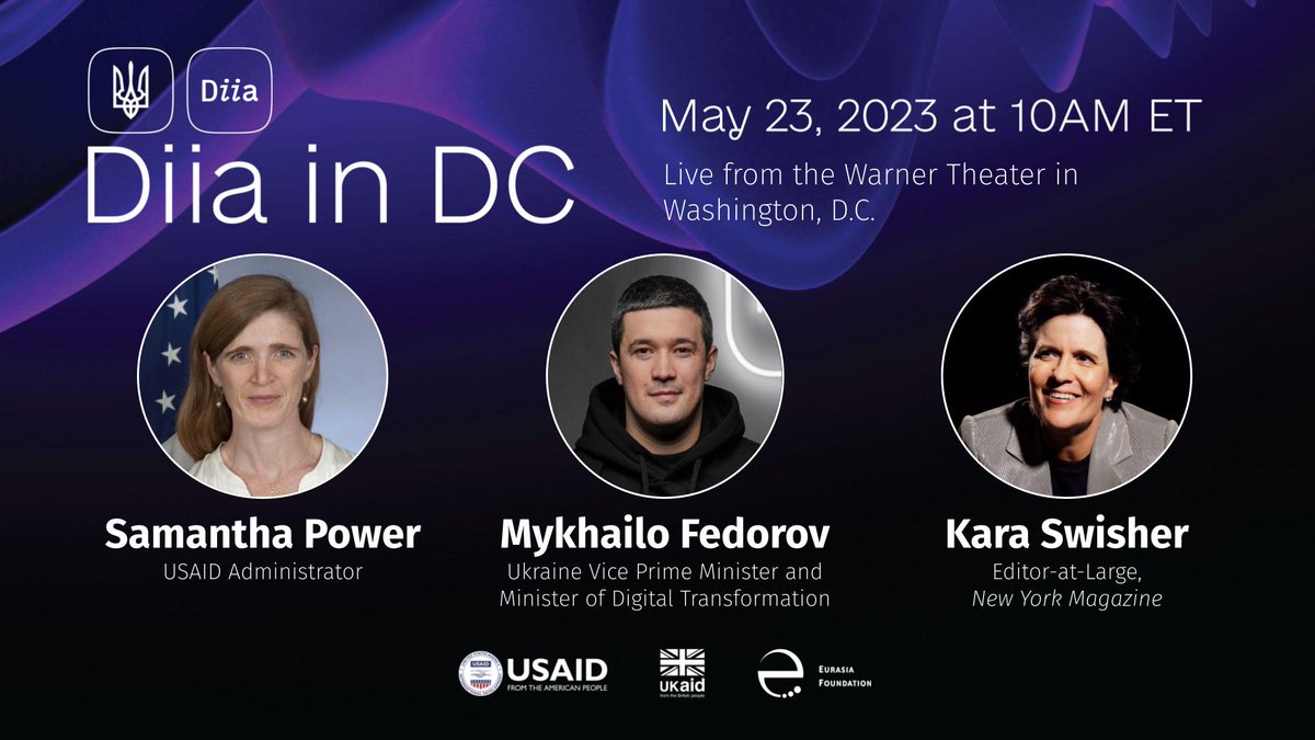 USAID's tweet photo. EVENT: On Tues, May 23 at 10am ET join @PowerUSAID, Ukraine's Minister of Digital Transformation @FedorovMykhailo, and @karaswisher to hear about a groundbreaking app from Ukraine that connects its citizens with essential gov’t services. Register here: https://t.co/BwNtPcmzcg https://t.co/YTtw4lrSze