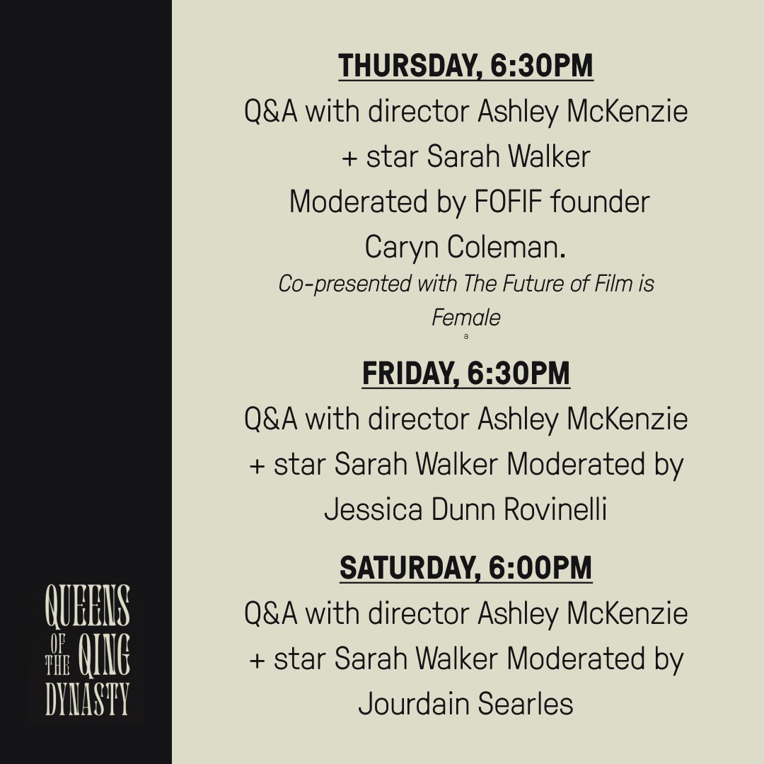 QUEENS OF THE QING DYNASTY opens tomorrow! Join us for Q+As with director <a href="/hivisfilm/">Ashley McKenzie</a> and star Sarah Walker this Thursday through Saturday, moderated by <a href="/TheFOFIF/">The Future of Film is Female</a>, <a href="/jdr____llc/">SAINT jessica dunn rovinelli</a>, and <a href="/judysquirrels/">jourdain searles</a>. bit.ly/40oVTzJ