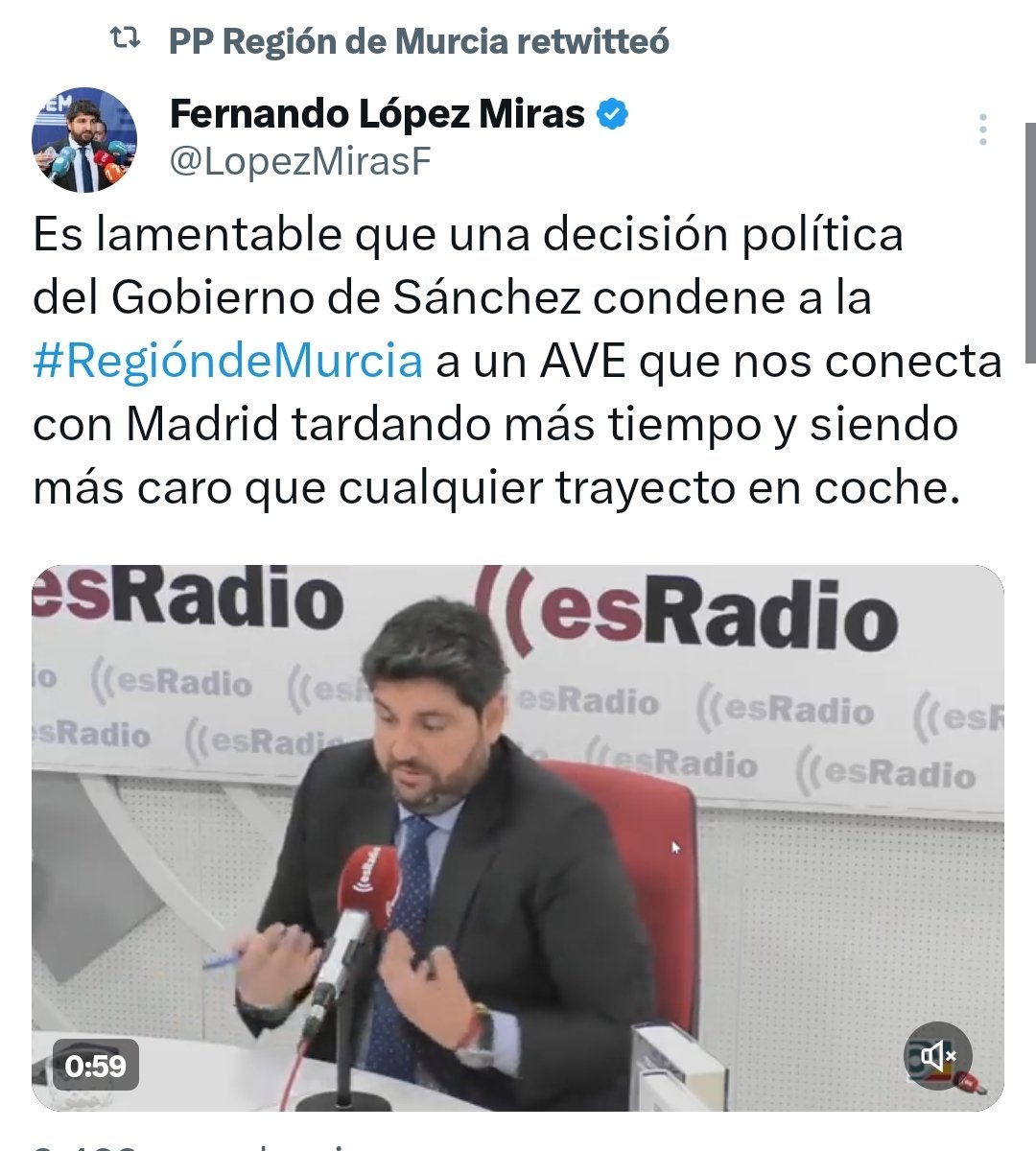 pepevelez_'s tweet photo. Esto es despreciable. Sr López Miras, el problema es que su partido, el PP, pactó que el AVE llegara por Alicante.

El @PSOE_RM sí ha cumplido su compromiso trayendo al AVE soterrado. 

Seguiremos trabajando para mejorar el servicio y llevarlo a Cartagena y Lorca. https://t.co/WwrX3mk97T