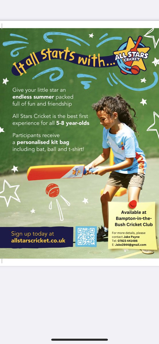 Bampton_Cricket's tweet photo. It’s never to late to join us for our All Stars and Dynamos programmes this summer! If you need any details please message us! If you’d like to sign your child up then go to https://t.co/8Un5Bsj6PE and search for ‘Bampton’! https://t.co/aBfZqI2SLP