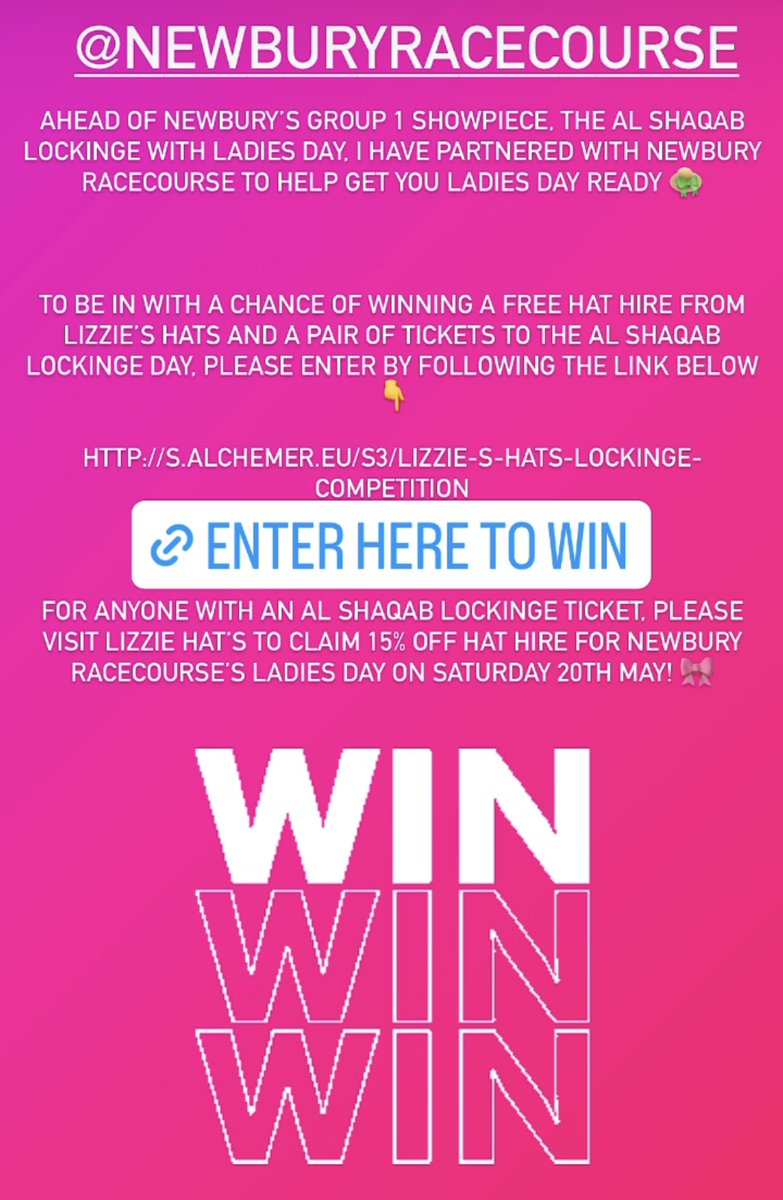 Enter to win ! And 15 % off hat hire for the event <a href="/NewburyRacing/">Newbury Racecourse</a> <a href="/AlShaqabRacing/">Al Shaqab Racing</a> head over to the racecourse website