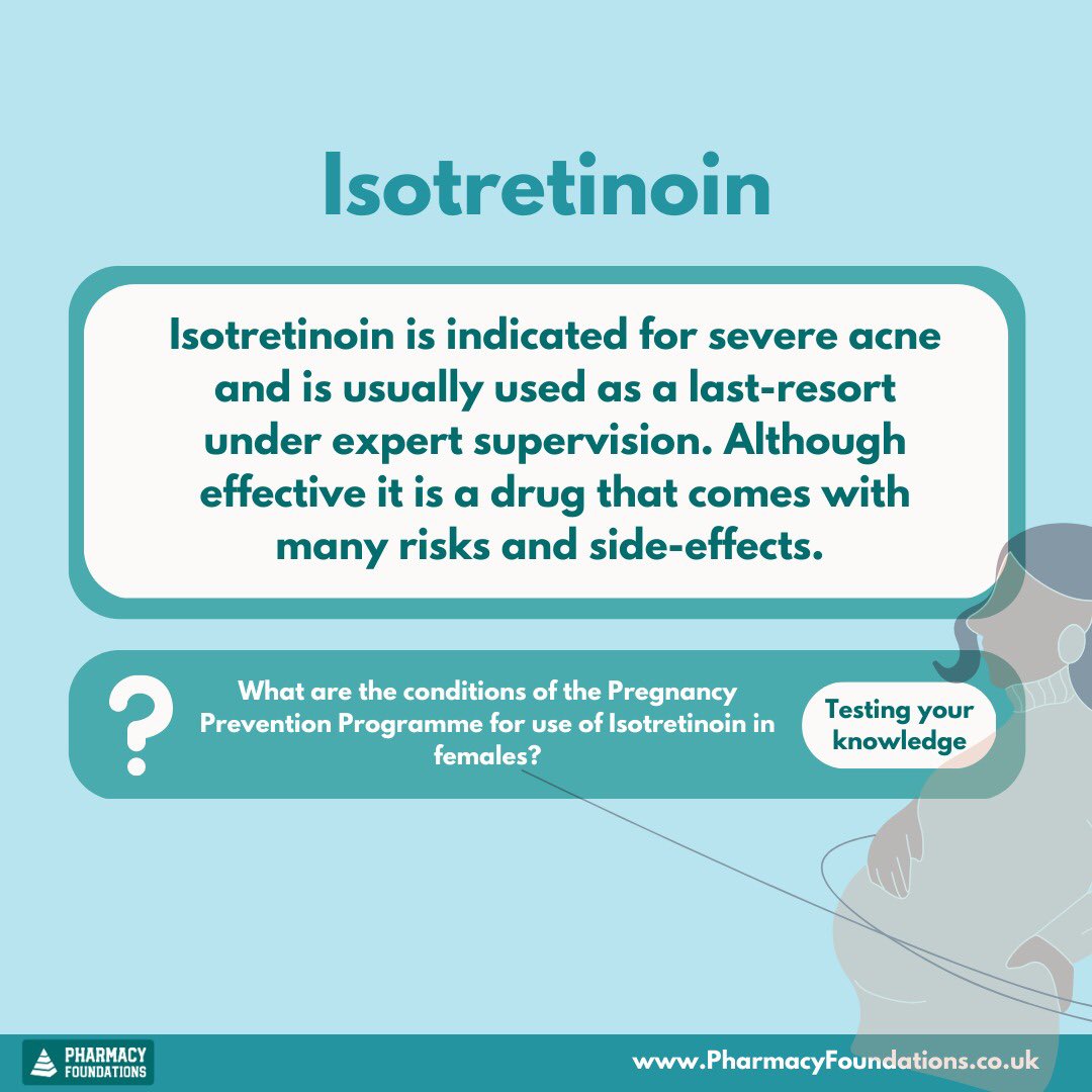 Swipe to see some red flags associated with Isotretinoin.

Comment below any conditions of the pregnancy prevention programme for Isotretinoin 💊

#pharmacy #pharmacytraining #acne #dermatology #pharmacist #pharmacistuk #pharmacists #pharmacology #pharmacyschool