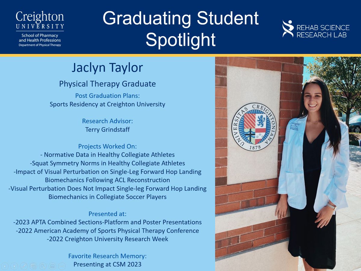 CreightonRehab's tweet photo. From local to national conferences, @jaclyn__taylor  presented her research findings and crushed it! Her dedication to her work is outstanding and we are so glad we get to have her around as the first Sports Physical Therapy Resident with @Creighton_DPT and @childrenssports ! https://t.co/IhwaVdAQs8