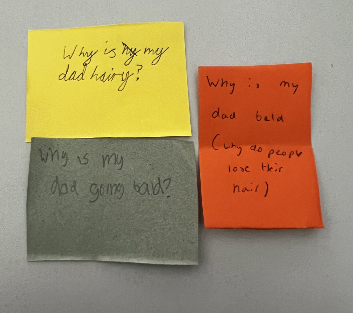 Started a question box for my students who like to ask lots of science-related questions. There have been some really good contributions, amongst the overwhelming concern for their dads hair…
